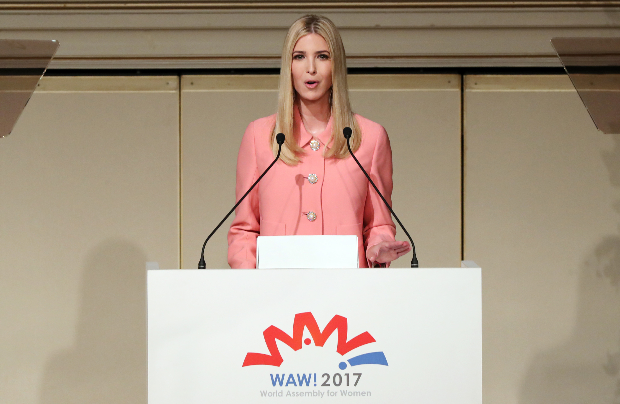 Ivanka Trump, adviser to and daughter of U.S. President Donald Trump, delivers a speech at the World Assembly for Women (WAW!) in Tokyo on Nov. 3. | AFP-JIJI