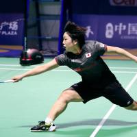 Akane Yamaguchi competes in the China Open final on Sunday in Fuzhou, China. Yamaguchi defeated Gao Fangjie 21-13, 21-15 for her fourth World Superseries title. | KYODO