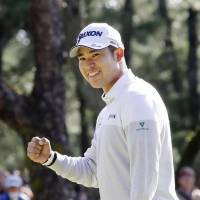 Hideki Matsuyama celebrates his hole-in-one on the par-three third hole of the final round on Sunday at the Dunlop Phoenix in Miyazaki. Matsuyama finished fifth overall. | KYODO