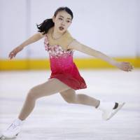 Rika Kihira performs her free-skate routine on Sunday at the Japan Junior Championships in Maebashi, Gunma Pref. | KYODO