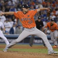 Astros pitcher Charlie Morton is seen throwing in the sixth inning of Game 7 of the World Series against the Dodgers. | USA TODAY / VIA REUTERS