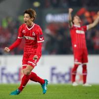 Cologne\'s Yuya Osako celebrates after scoring a goal against BATE Borisov on Thursday in the Europa League. | REUTERS
