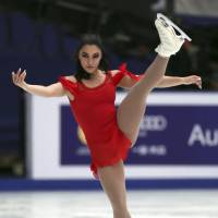Canada\'s Gabrielle Daleman competes in the women\'s short program at the Cup of China on Friday in Beijing. Daleman is in first place with 70.65 points. | AP