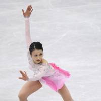 Satoko Miyahara performs her short program on Friday. Miyahara is in sixth place with 65.05 points entering Saturday\'s free skate. | KYODO