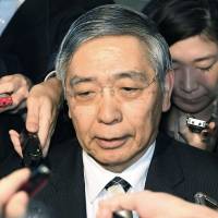 Bank of Japan Gov. Haruhiko Kuroda takes questions from reporters Tuesday after meeting with Prime Minister Shinzo Abe. | KYODO