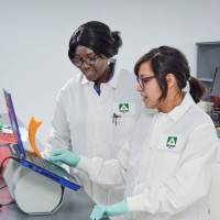 Athersys scientists review cell count data for MultiStem in this handout photo received Dec. 12. | KAREN HUNADY / ATHERSYS  /HANDOUT / VIA REUTERS