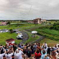 An Ariane 5 rocket blasts off from the Guiana Space Centre on Tuesday, carrying four Galileo satellites. | AFP-JIJI