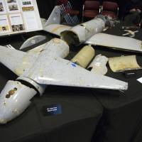 The remains of an Iranian Qasef-1 Unmanned Aerial Vehicle, used as a one-way attack UAV to dive on targets and then detonating its warhead, was fired by Yemen into Saudi Arabia, according to U.S. Ambassador to the U.N. Nikki Haley during a press briefing at Joint Base Anacostia-Bolling Thursday in Washington. Haley says \"undeniable\" evidence proves Iran is violating international law by funneling missiles to Houthi rebels in Yemen. | AP