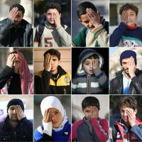 This combination of pictures created Tuesday shows Syrians covering one eye with their hands in the rebel-held town of Douma in Syria\'s besieged eastern Ghouta region, as part of a campaign in solidarity with a baby boy, Karim Abdallah, who lost an eye, as well as his mother, in government shelling on the nearby town of Hammouria. | #SOLIDARITYWITHKARIM CAMPAIGN / HO / VIA AFP-JIJI