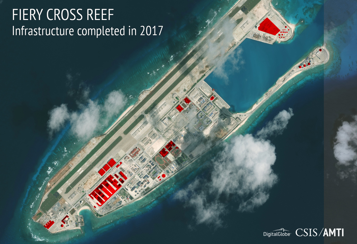 An annotated satellite image of Fiery Cross Reef in the Spratly island chain of the South China Sea shows areas where China has conducted construction work above ground during 2017. | CSIS ASIA MARITIME TRANSPARENCY INITIATIVE/DIGITALGLOBE / VIA AP