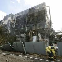 An explosion rocked Arakawa Chemical Industries Ltd.\'s plant in Fuji, Shizuoka Prefecture, on Friday. About 50 residents were ordered to evacuate until the fire was extinguished. | KYODO