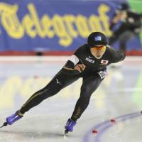 Miho Takagi races during the women\'s 3,000-meter competition  in a World Cup speedskating event in Calgary, Alberta, on Friday. | AP