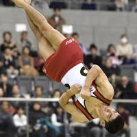 Kenzo Shirai competes in the floor exercise at the Toyota International Gymnastics Competition on Saturday. Shirai won the event for the third consecutive year. | KYODO