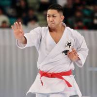 Ryo Kiyuna performs in the men\'s individual kata final at the Japan Cup Karatedo national championship at the Nippon Budokan on Sunday. The Okinawa Prefecture native captured his sixth straight Emperor\'s Cup at the event. | KAZ NAGATSUKA
