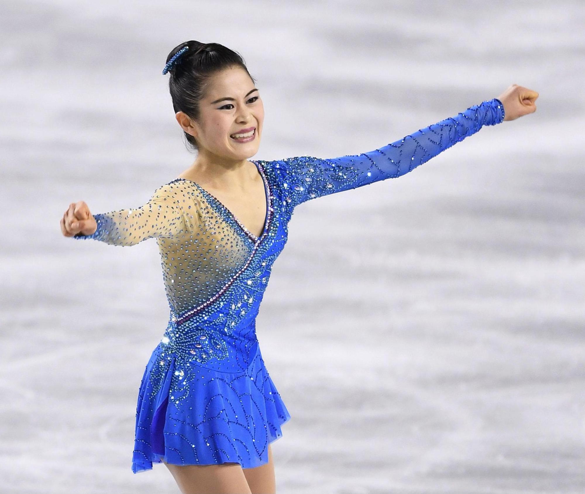 Satoko Miyahara celebrates after her enchanting performance to 'Madame Butterfly' in the women's free skate at the All-Japan Championships on Saturday night at Musashino Forest Sports Centre. Miyahara won her fourth straight national title. | KYODO