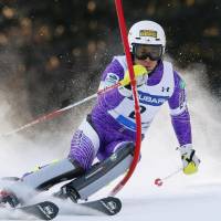 Naoki Yuasa competes in the men\'s Alpine skiing slalom event at the national championships on Thursday in Kushiro, Hokkaido. Yuasa won the event to qualify for the 2018 Pyeongchang Games. | KYODO