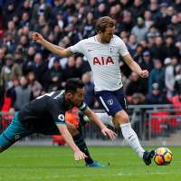 Tottenham\'s Harry Kane prepares to shoot during his team\'s 5-2 win over Southampton at Wembley Stadium on Tuesday. | REUTERS