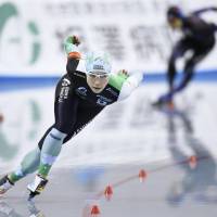 Speedskater Miho Takagi competes in the women\'s 1,000 meters at an Olympic qualifying meet on Thursday in Nagano. Takagi placed second, finishing the race in 1 minute, 14.79 seconds. | KYODO