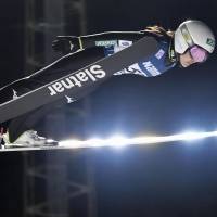 Sara Takanashi jumps at Saturday\'s ski jumping World Cup event in Lillehammer, Norway. | KYODO