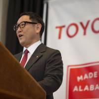 Toyota Motor Corp. President Akio Toyoda speaks at a news conference Wednesday in Montgomery, Alabama, where automakers Toyota and Mazda announced plans to build a &#36;1.6 billion joint-venture plant in Huntsville that will eventually employ about 4,000 people. | AP