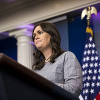 Sarah Huckabee Sanders, White House press secretary, pauses while speaking during a White House press briefing in Washington Wednesday. President Donald Trump denounced his former top strategist, Steve Bannon, on Wednesday in a dramatic break from the man considered an architect of Trump\'s populist campaign. | BLOOMBERG