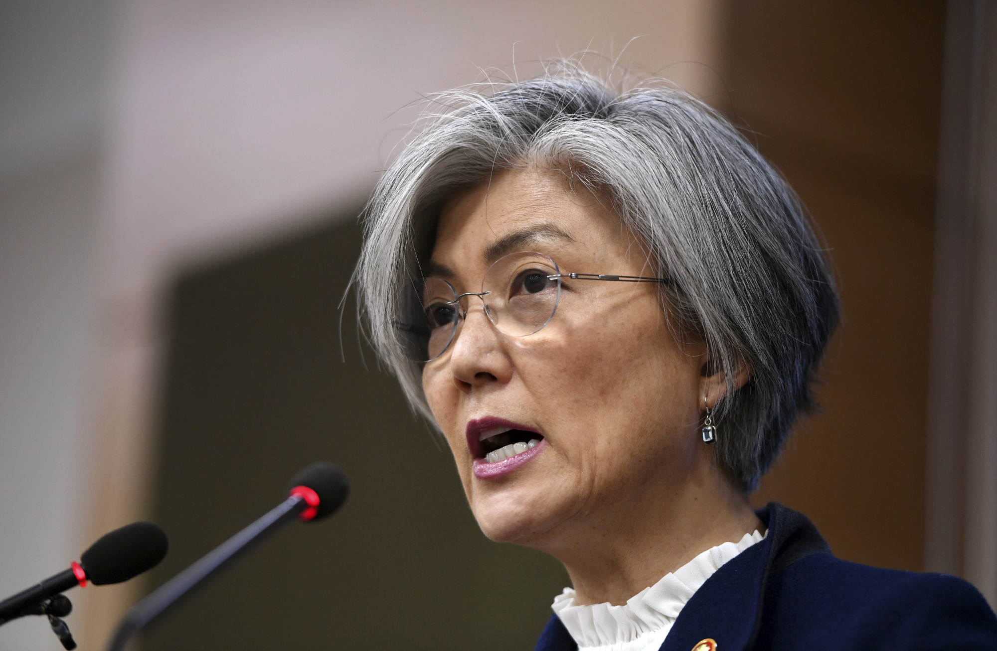 South Korean Foreign Minister Kang Kyung-wha speaks during a briefing on the 2015 South Korea-Japan agreement over 'comfort women' at the Foreign Ministry in Seoul on Tuesday. | AP
