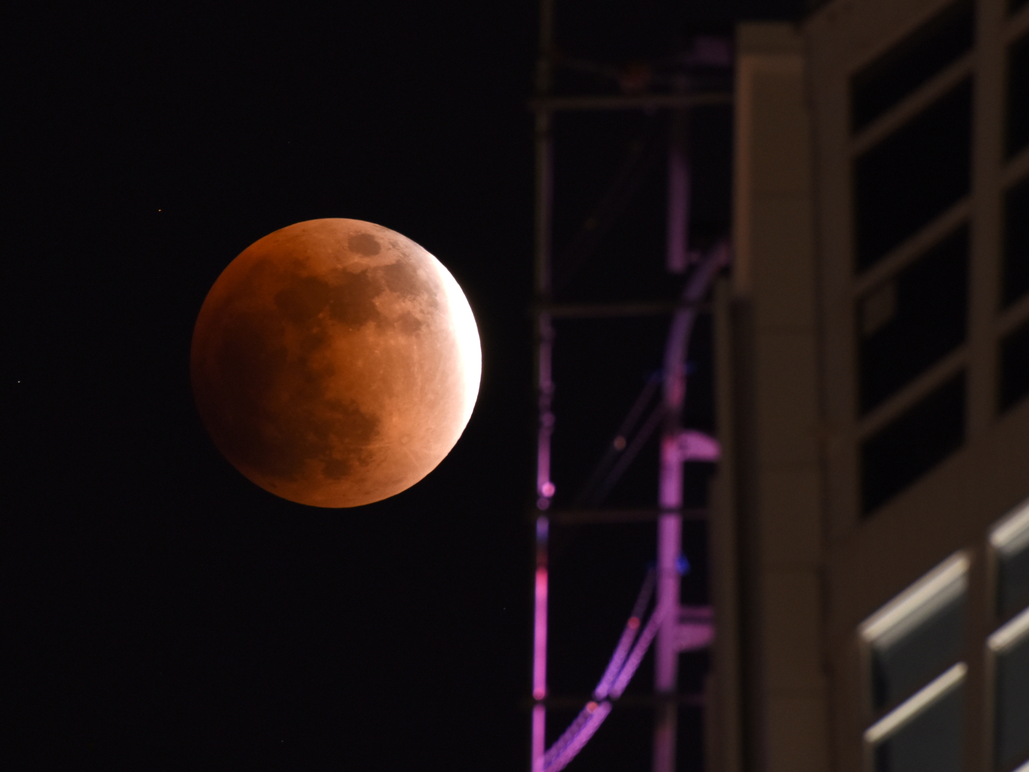 The rare 'super blue blood moon' is seen over Tokyo Tower in the capital's Minato Ward at 9:54 p.m. on Wednesday. | SATOKO KAWASAKI