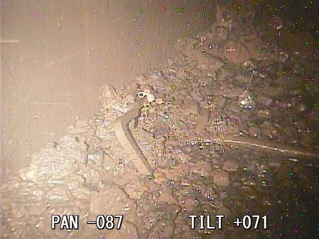 What appears to be melted fuel debris sits on the bottom of the primary containment vessel of reactor 2 at the Fukushima No. 1 plant on Friday in this photo from the International Research Institute for Nuclear Decommissioning. | KYODO