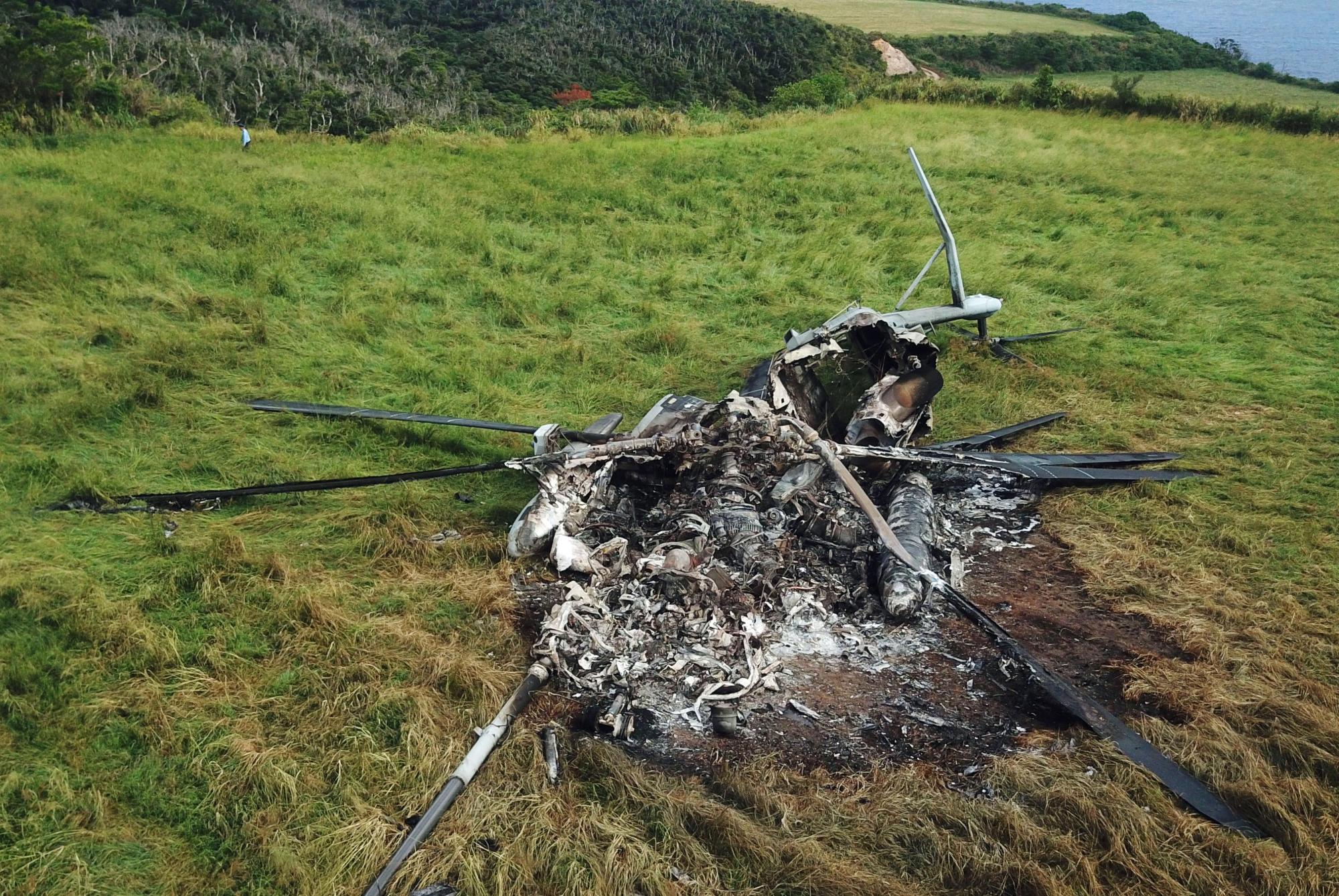 A wrecked U.S. military CH-53E transport helicopter is seen in October after it made an emergency landing in Higashi, Okinawa Prefecture, near the Northern Training Area. | KYODO