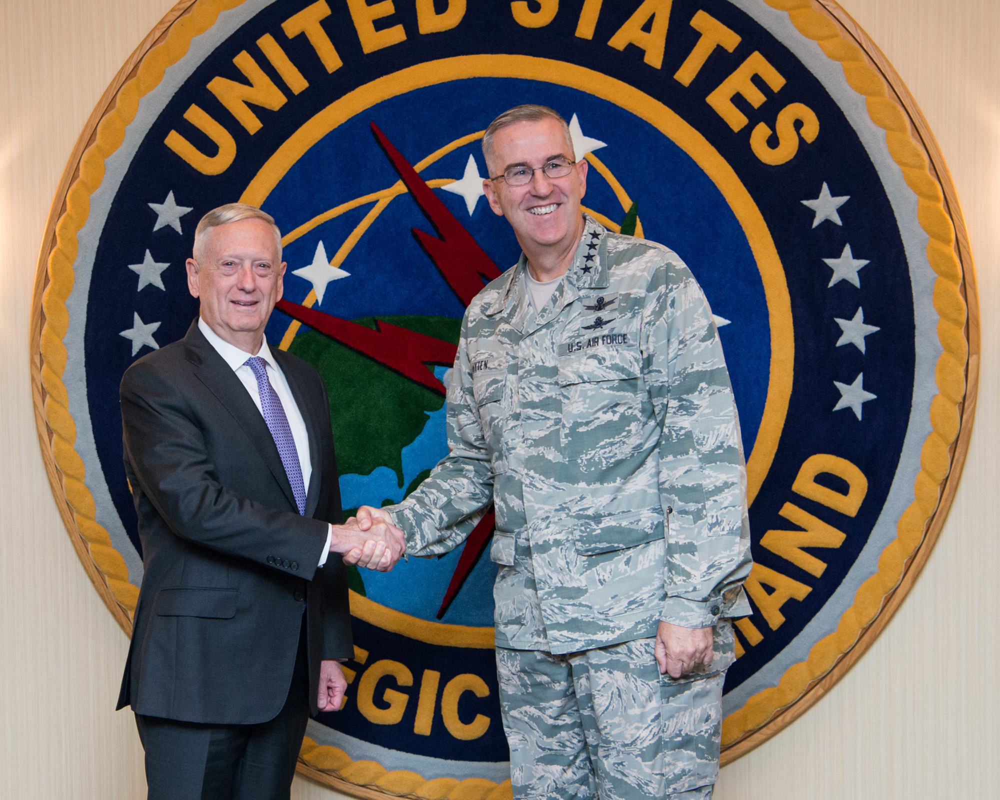 U.S. Secretary of Defense Jim Mattis poses Sept. 14 with Strategic Command head Gen. John E. Hyten, who would be in command of U.S. nuclear forces in the event the president orders them into combat. Mattis received classified briefings to aid his nuclear posture review, a reassessment of U.S. nuclear weapons policy. | OFFICE OF THE SECRETARY OF DEFENSE PUBLIC AFFAIRS