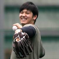 The Angels\' Shohei Ohtani works out at the Hokkaido Nippon Ham Fighters\' ni-gun facility in Kamagaya, Chiba Prefecture, on Friday. | REUTERS