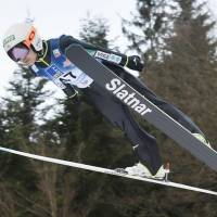 Sara Takanashi competes at a World Cup ski jumping event on Sunday in Ljubno, Slovenia. Takanashi finished fourth. | KYODO