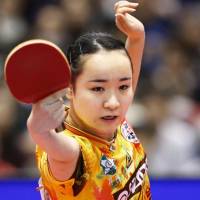Mima Ito plays a shot during her victory over Miu Hirano in the women\'s singles final on Sunday. | KYODO