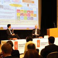Hiromichi Mizuno, executive managing director and chief investment officer at the GPIF, is interviewed onstage by Tony Hay, publisher and co-founder of Responsible Investor at RI Asia 2017 held in April in Tokyo. | RESPONSE GLOBAL MEDIA LTD.