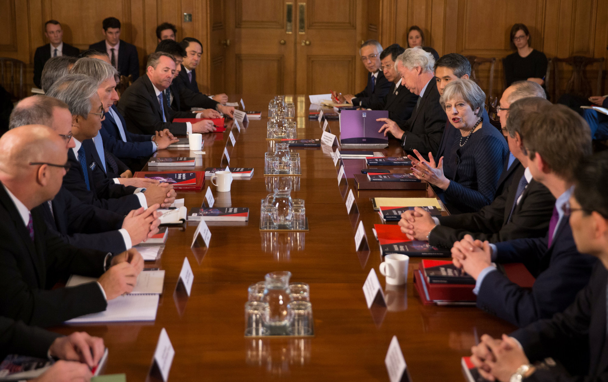 Britain's Prime Minister Theresa May hosts a roundtable meeting with senior representative from Japanese companies at No. 10 Downing St. in London on Thursday. | REUTERS