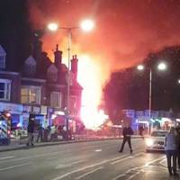 A screenshot from a video obtained from the Facebook account of Graeme Hudson shows a fire burning after an explosion in Leicester, England, on Sunday. | AFP-JIJI