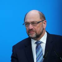 Martin Schulz, leader of the Social Democrat Party, pauses during a news conference at the Christian Democratic Union headquarters in Berlin on Wednesday. | BLOOMBERG