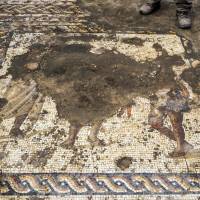 A newly discovered Roman mosaic is displayed by the Israeli Antiquity Authority at the Israeli Caesarea National Park on Thursday. | AFP-JIJI