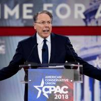 National Rifle Association Executive Vice President and CEO Wayne LaPierre speaks during the 2018 Conservative Political Action Conference at National Harbor in Oxen Hill, Maryland, Thursday. | AFP-JIJI