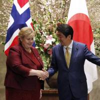Norway\'s Prime Minister Erna Solberg meets with Prime Minister Shinzo Abe in Tokyo on Wednesday. | AFP-JIJI