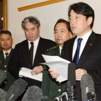 Defense Minister Itsunori Onodera speaks to reporters Sunday after his meeting with the governor of Saga Prefecture. | KYODO