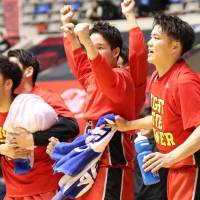 Iwate players cheer for their team during Sunday\'s game against Gunma. | B. LEAGUE