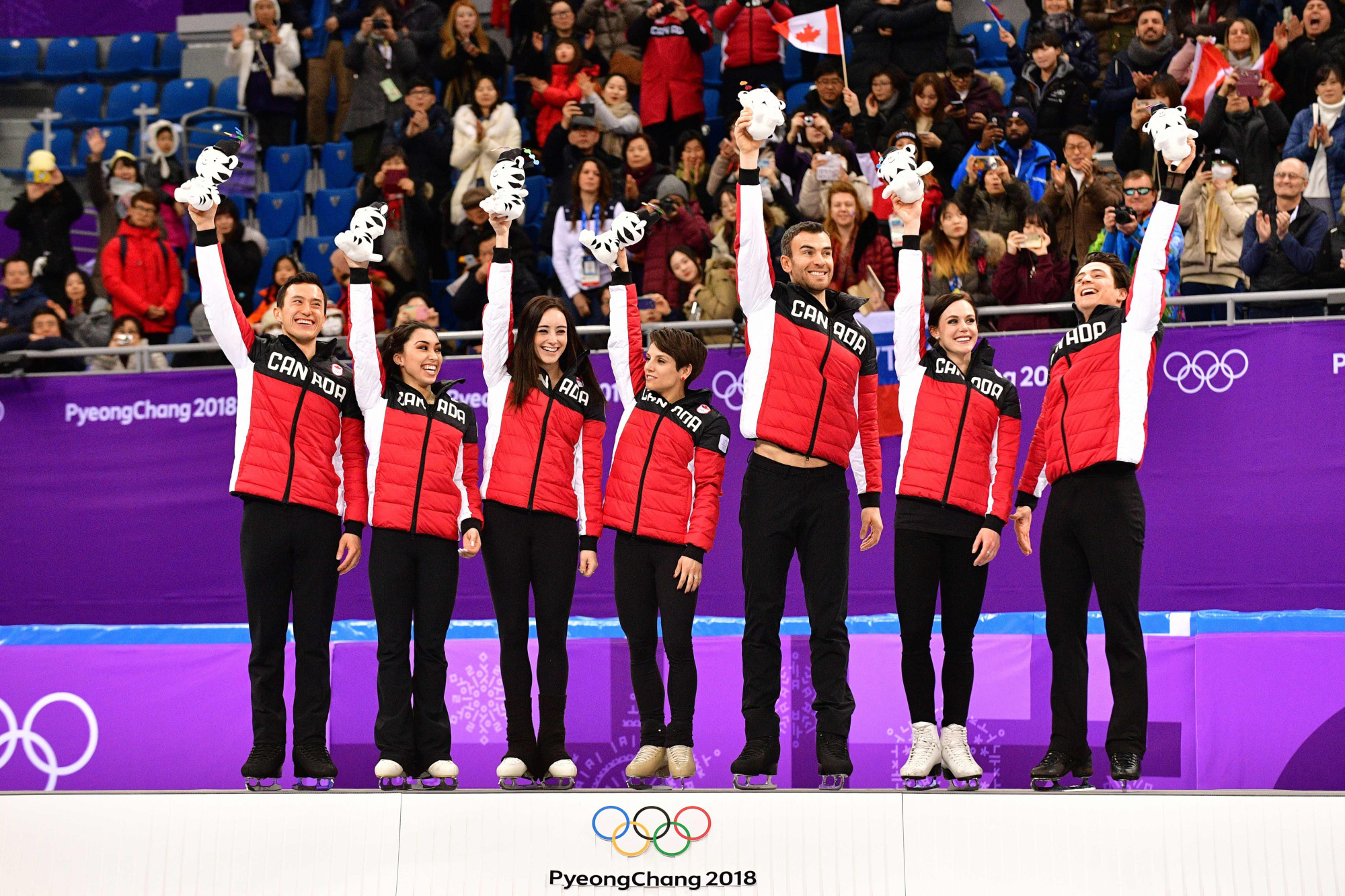 The Canadian team celebrates after winning the team figure skating event on Monday. | AFP-JIJI