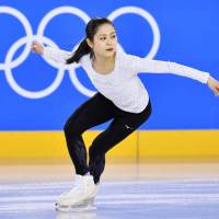 Satoko Miyahara works out on the practice rink beneath Gangneung Ice Arena on Monday evening. | KYODO
