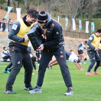 The Sunwolves take part in a training session in Beppu, Oita Prefecture, in late January. | KYODO