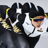 Japan\'s (front to back) Miho Takagi, Ayano Sato and Nana Takagi compete in the women\'s speedskating team. | AFP-JIJI