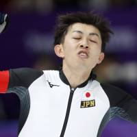 Japan\'s Seitaro Ichinohe celebrates after the men\'s 5,000 meters race at the Gangneung Oval at the 2018 Winter Olympics in Gangneung, South Korea, Sunday. | AP