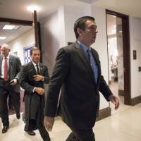 House Intelligence Committee Chairman Devin Nunes, R-Calif., followed by Rep. Chris Stewart, R-Utah, and Rep. Mike Conaway, R-Texas (far left) leave the secure area where the panel was wrapping up its inquiry into Russian meddling in the 2016 election, on Capitol Hill in Washington Thursday. | AP