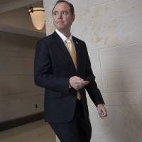 Rep. Adam Schiff, D-Calif., ranking member of the House Permanent Select Committee on Intelligence, arrives before his panel interviews former Trump campaign manager Corey Lewandowsk at the Capitol in Washington Thursday. | AP