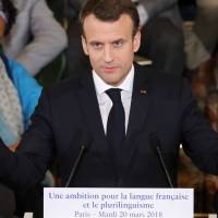 French President Emmanuel Macron gives a speech to unveil his strategy to promote the French language as part of the International Francophonie Day, before members of the French Academy and other guests, at the French Institute in Paris on Tuesday. | REUTERS